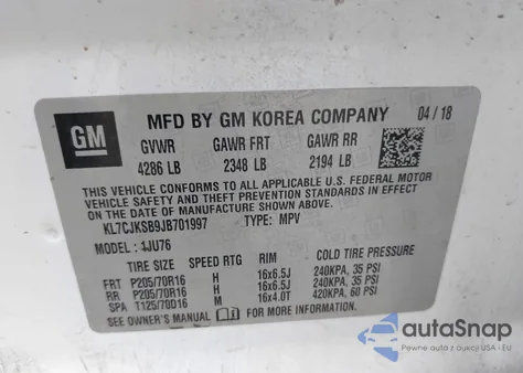 2018 Chevrolet Trax Ls из США, поврежденный, VIN KL7CJKSB9JB701997